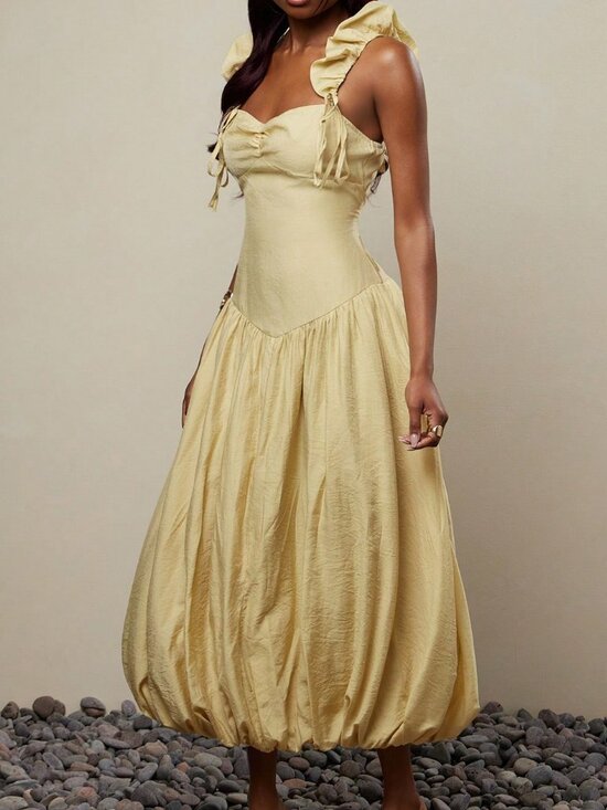 Dresses & Skirts - Yellow Elegant Women's Balloon A Line Ruffle Strap Midi Dress